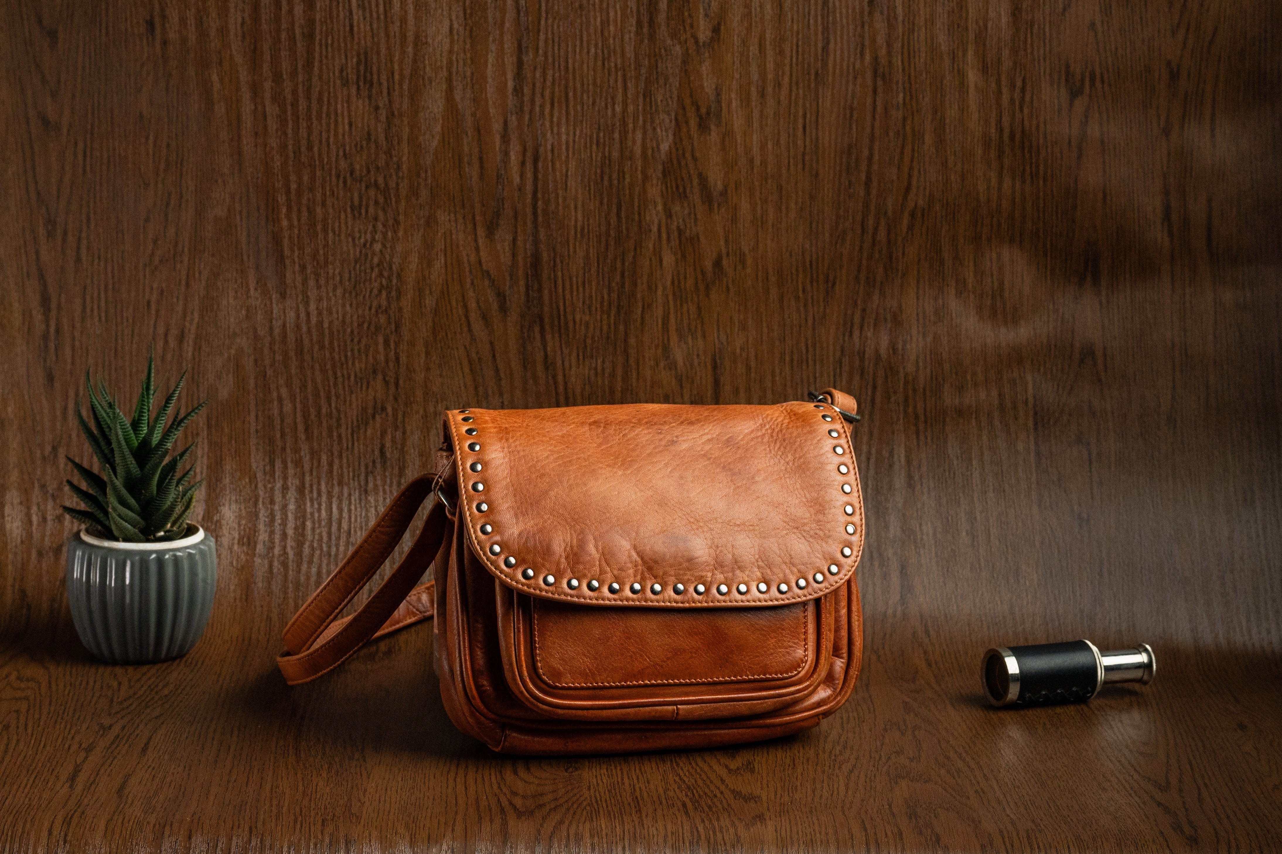 Ladies Compact Leather Sling Bag with Rivet Detail - Tom Tanners