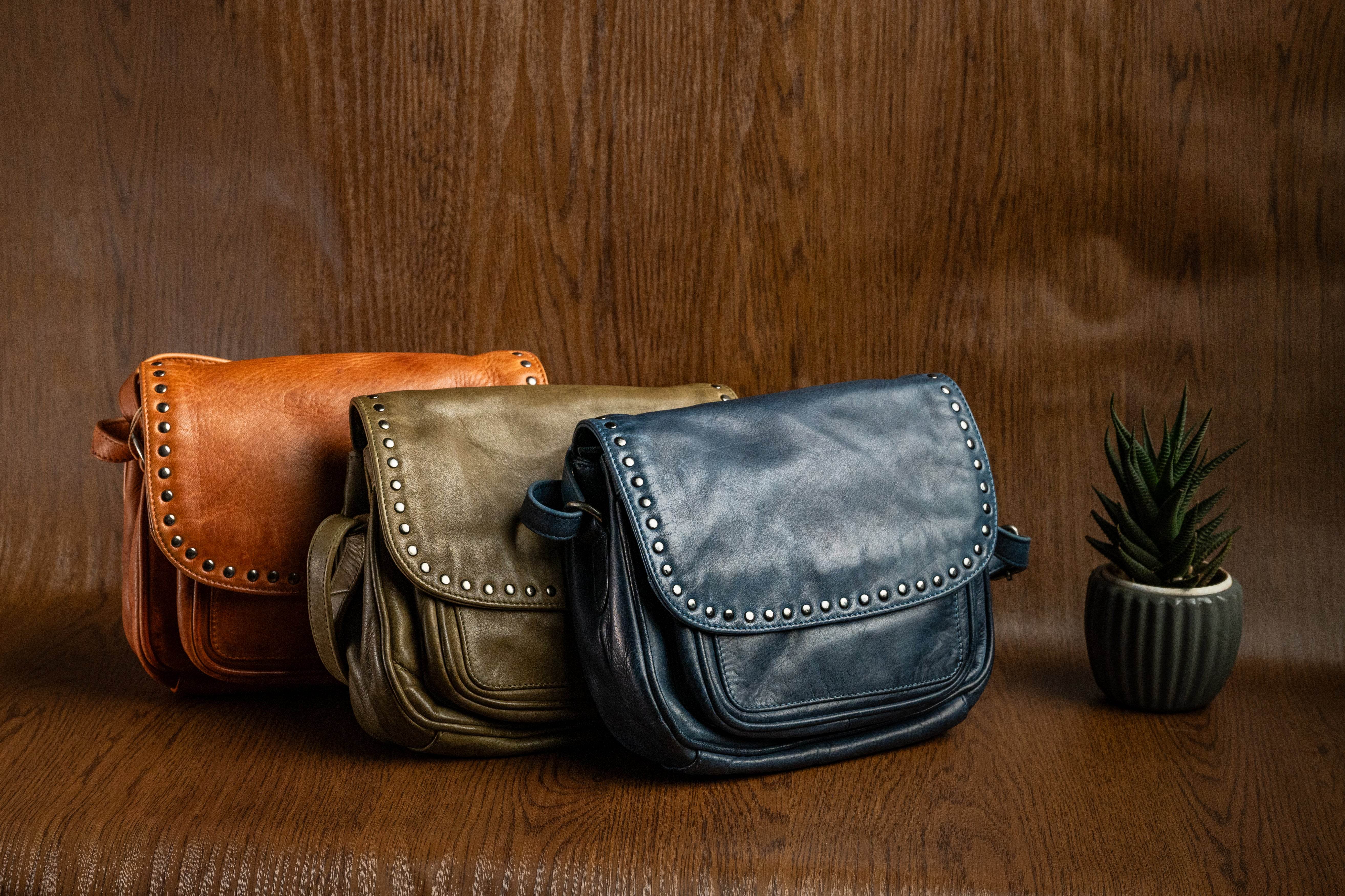 Ladies Compact Leather Sling Bag with Rivet Detail - Tom Tanners