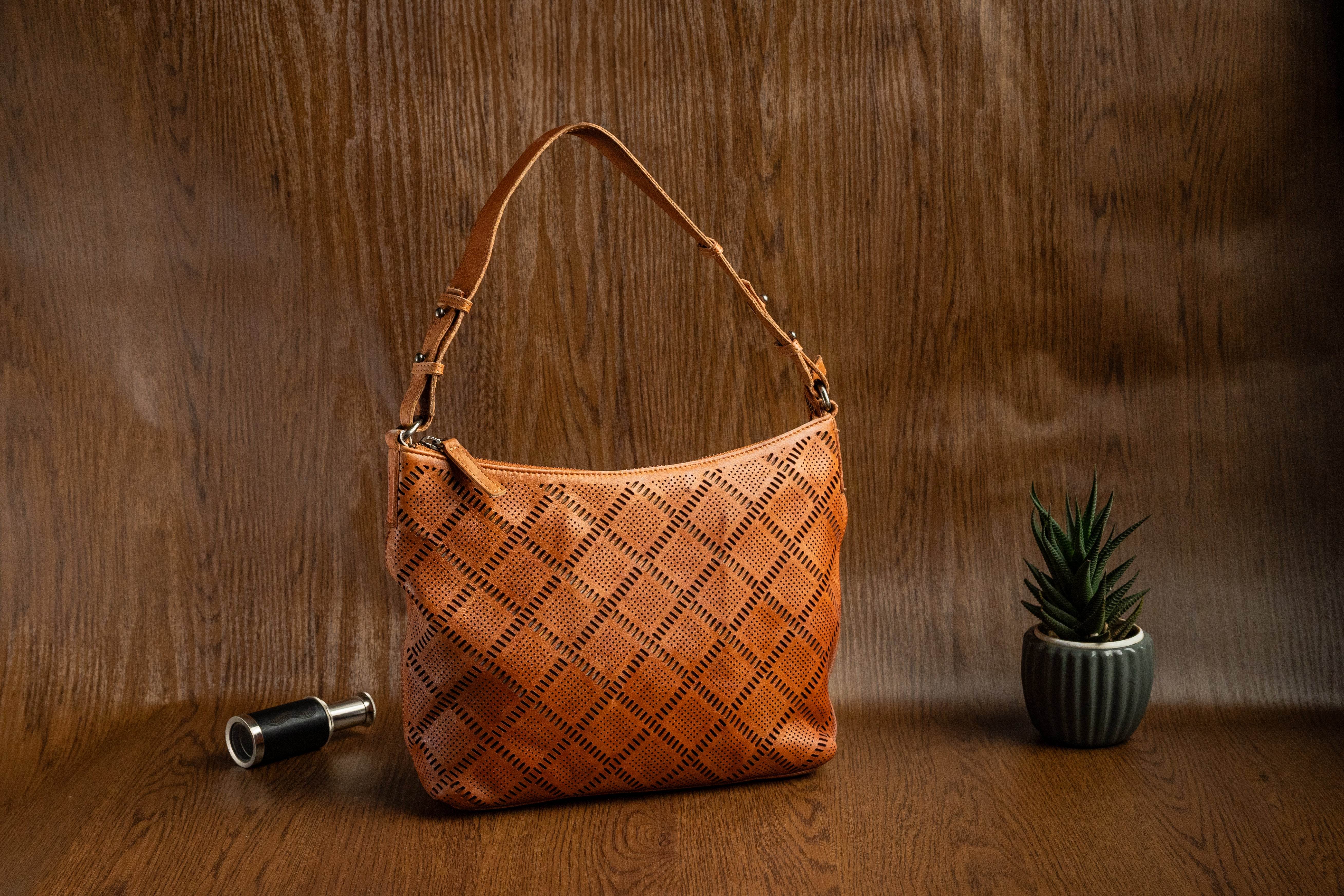 Ladies Raw Leather Sling Bag with Handwoven Front Panel - Tom Tanners