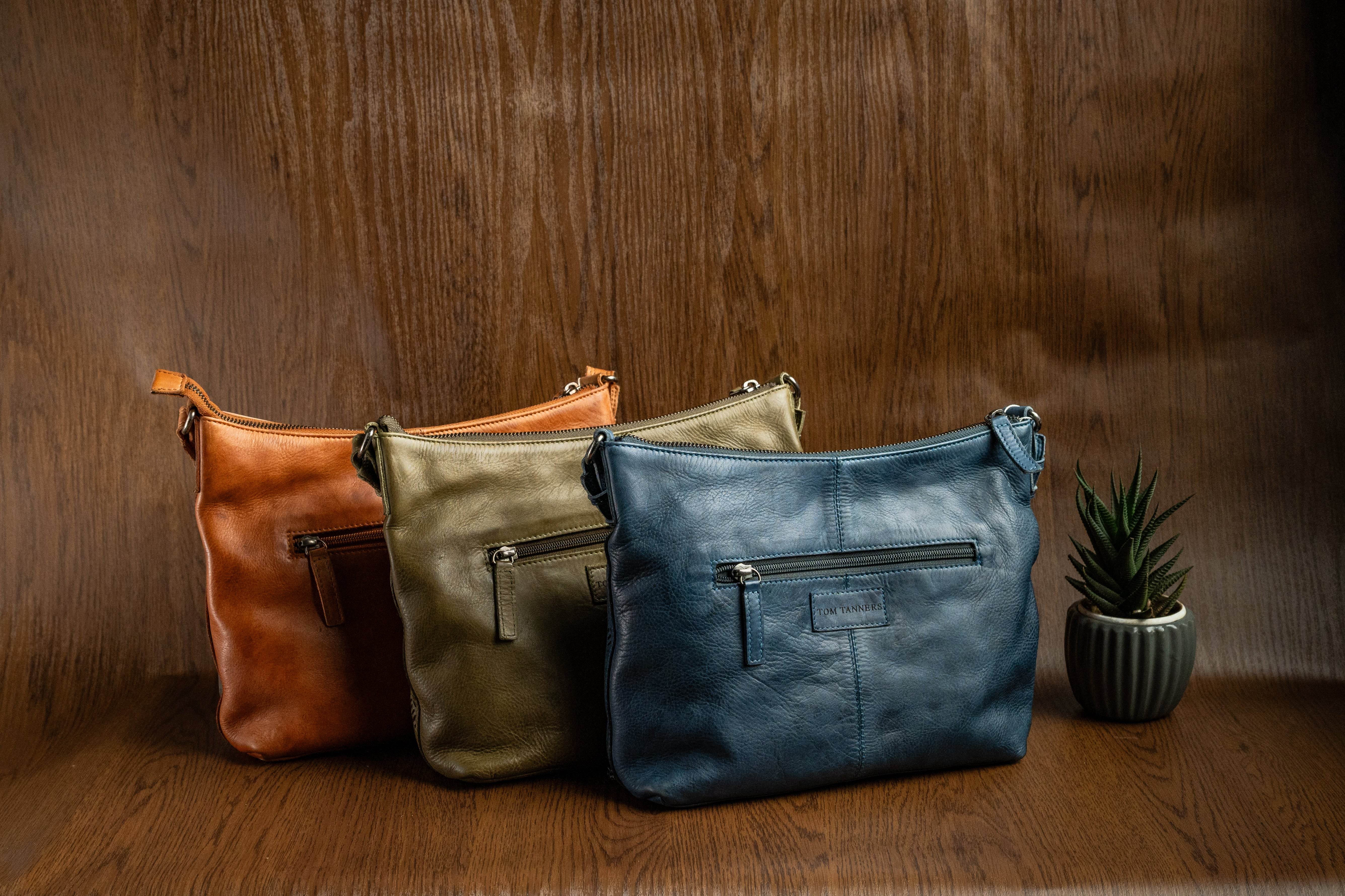 Ladies Raw Leather Sling Bag with Handwoven Front Panel - Tom Tanners