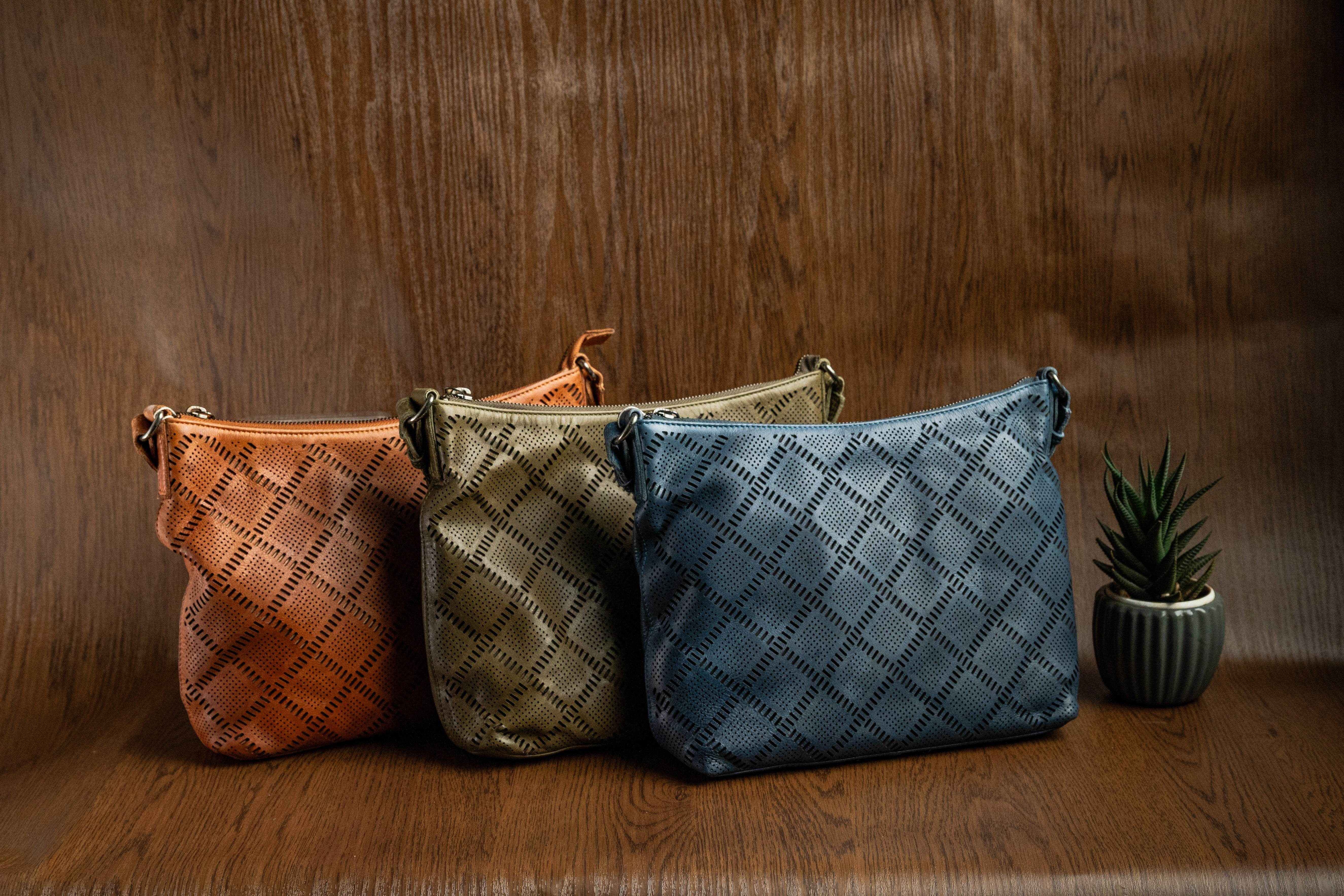 Ladies Raw Leather Sling Bag with Handwoven Front Panel - Tom Tanners